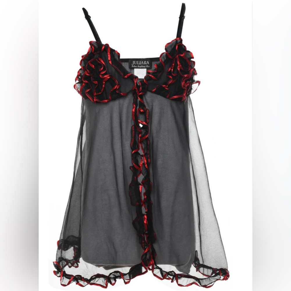 Juliara Vintage Sexy Black sheer Babydoll nightgown w/Red Ruffled Trim Size 2X - Picture 14 of 14